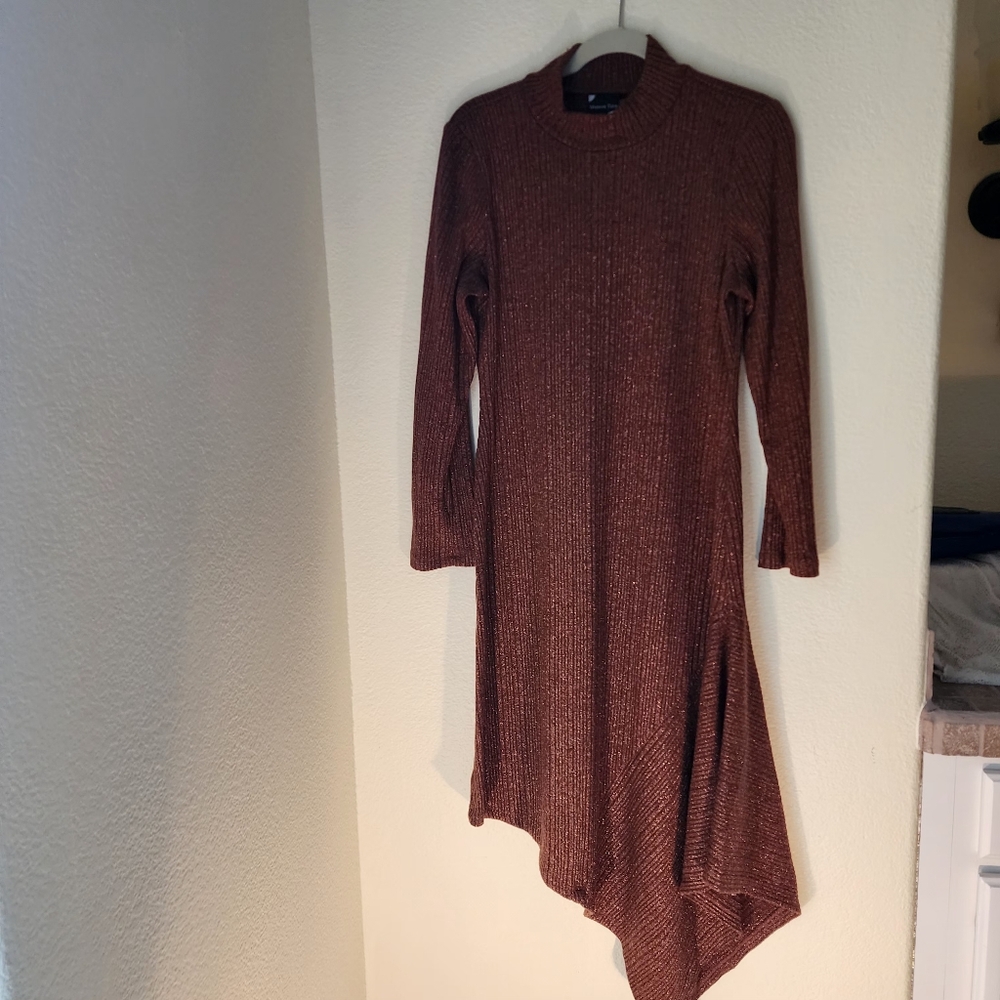 Maison Tara High Neck Long Sleeve Asymmetrical Hem Bronze Metallic Dress